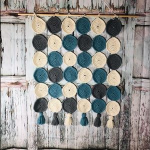 Crocheted Cream Blue and Grey Wall Hanging